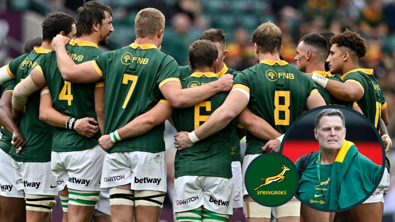 Springboks huddle and Rassie Erasmus