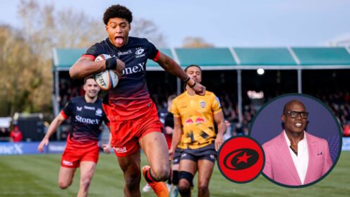 Martin Offiah offers his advice to Saracens wing Noah Caluori.