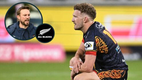 All Blacks and Chiefs playmaker Damian McKenzie and an inset of Mike Blair.