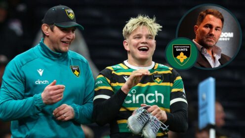 A two layered image of Phil Dowson, Henry Pollock and Eddie Hearn