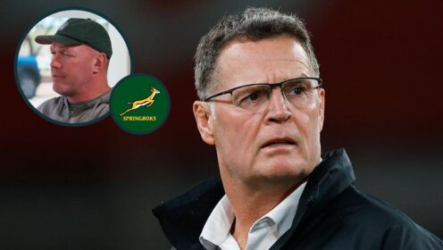 Springboks head coach Rassie Erasmus and an inset of legendary flanker Schalk Burger.