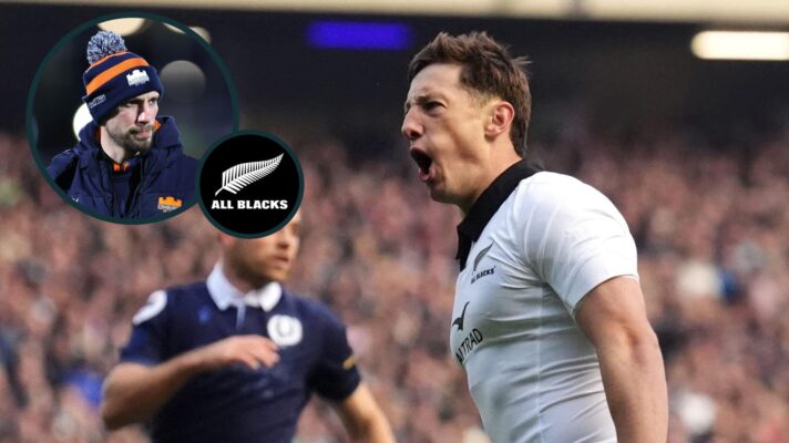 All Blacks scrum-half Cam Roigard and an inset of attack coach Mike Blair.