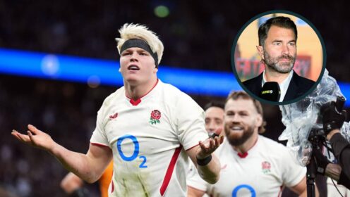 Henry Pollock celebrates a try and an inset of Eddie Hearn.