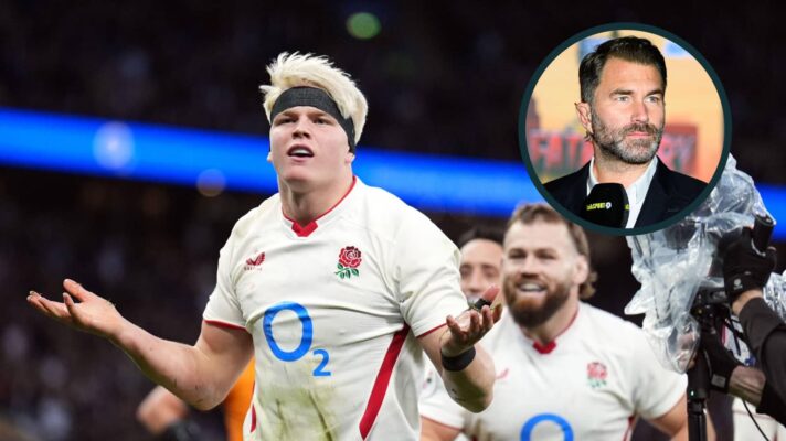 Henry Pollock celebrates a try and an inset of Eddie Hearn.