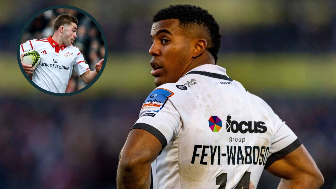 Immanuel Feyi-Waboso and an inset of Jack Crowley (INPHO/Dan Sheridan/EPCR Rugby)