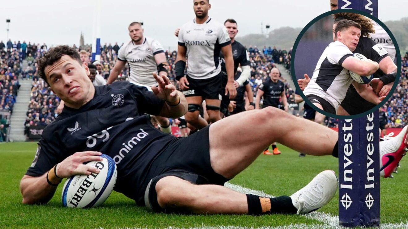 Henry Arundell scoring a try for Bath against Saracens.