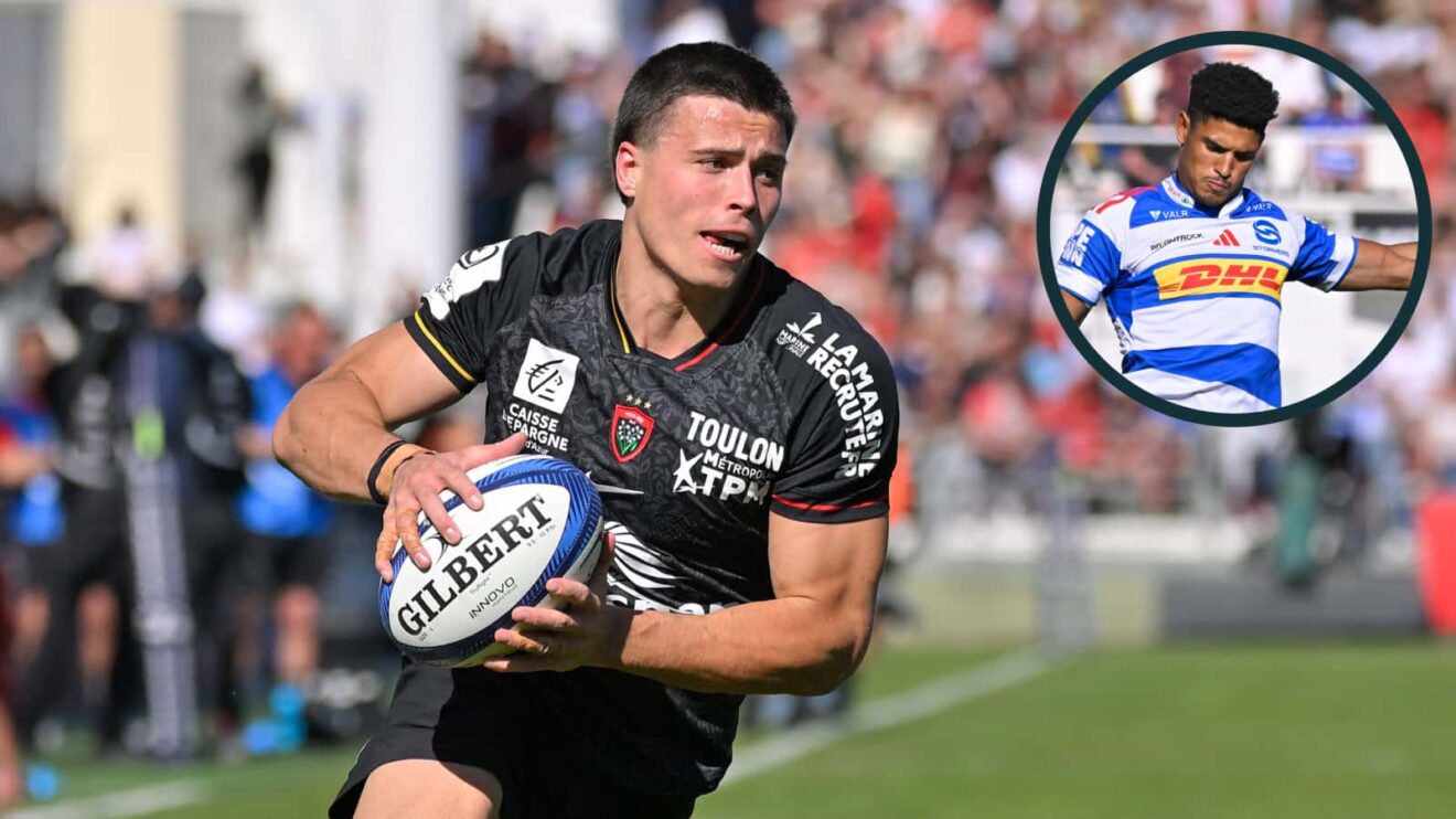 RC Toulon winger Gael Drean and an inset of Sacha Feinberg-Mngomezulu (INPHO/Federico Pestellini/EPCR Rugby)