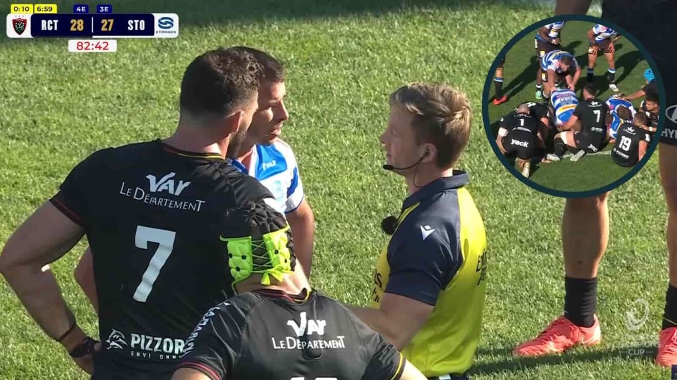 Referee Christophe Ridley explains the final decision to Toulon captain Charles Ollivon and Stormers skipper Ruhan Nel.