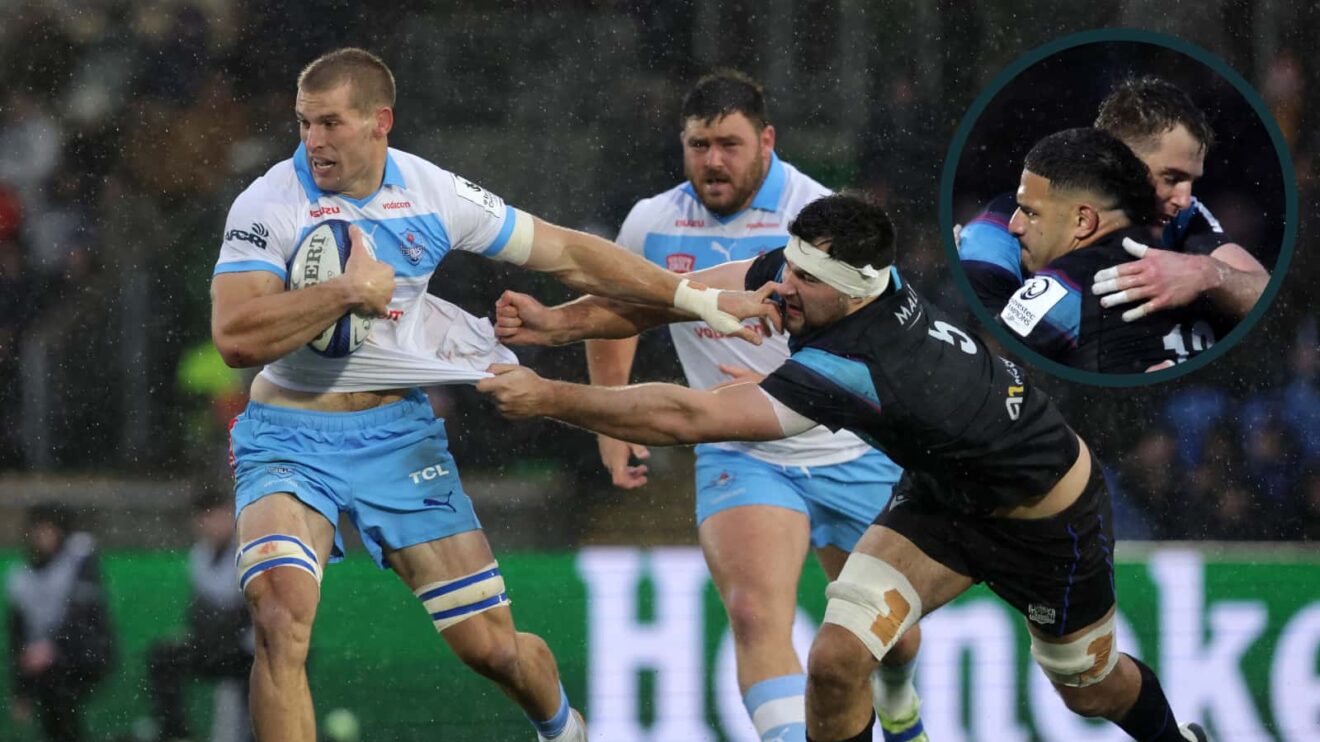 Cameron Hanekom is tackled by Alex Samuel and an inset of Sione Tuipulotu and Stafford McDowall (INPHO/Bryan Keane/EPCR Rugby).