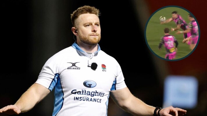 Referee Anthony Woodthorpe going to the TMO and the Ospreys pass which was controversially deemed forward (inset).