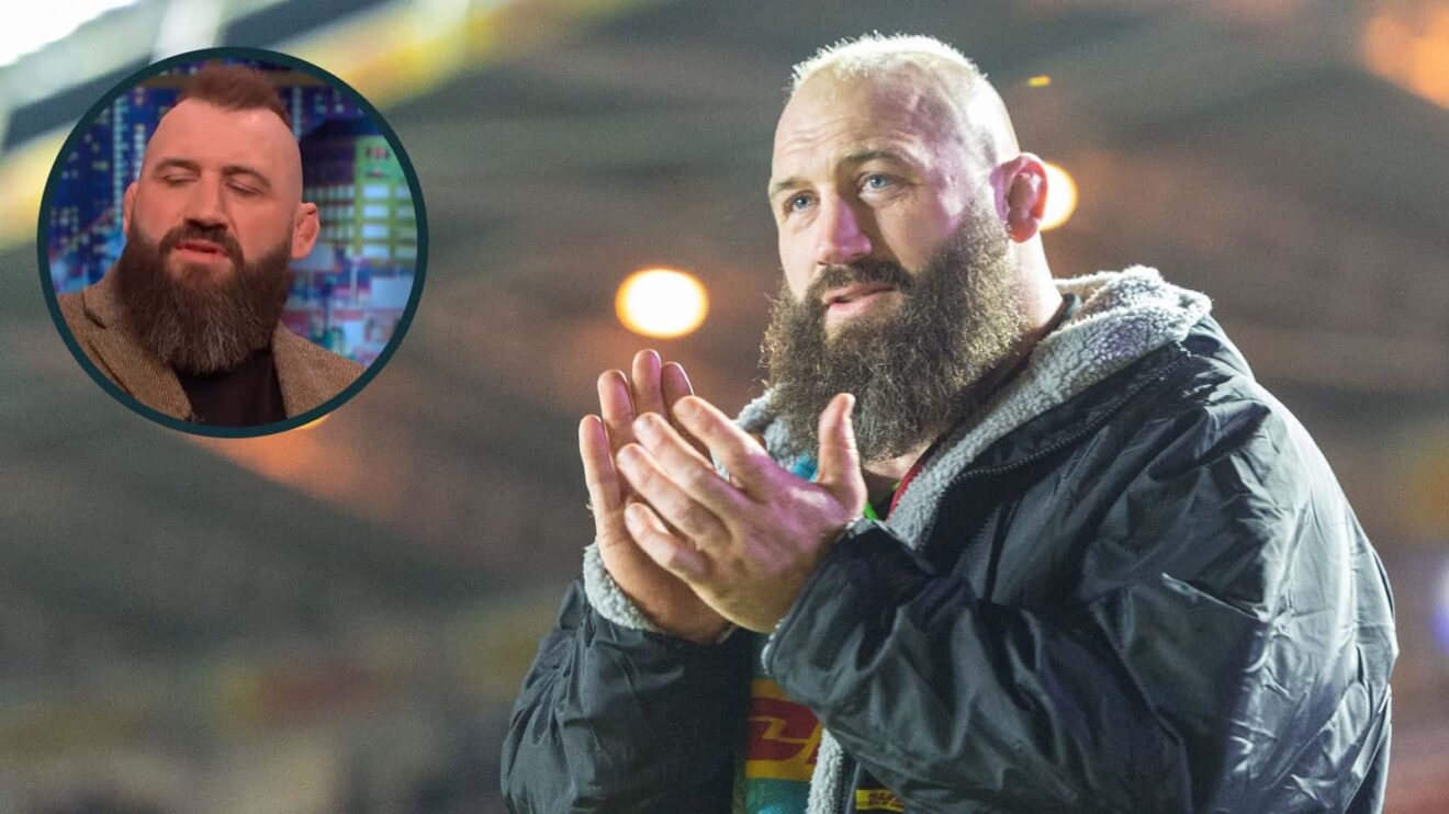 Joe Marler after his final game for Harlequins and the former England prop on The Jonathan Ross Show (inset).