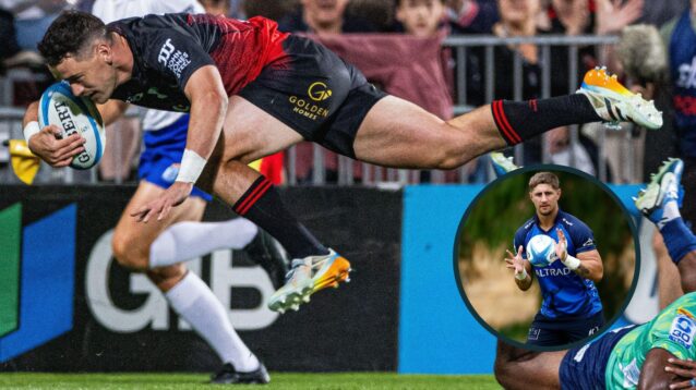 Crusaders full-back Will Jordan and Western Force flyer Zac Lomax (inset).