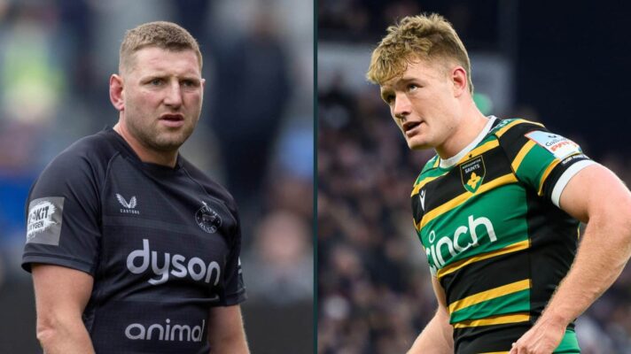 Split image of Bath fly-half Finn Russell and Northampton Saints 10 Fin Smith.