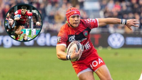 Cheslin Kolbe playing for RC Toulon and an inset of French winger Gael Drean.