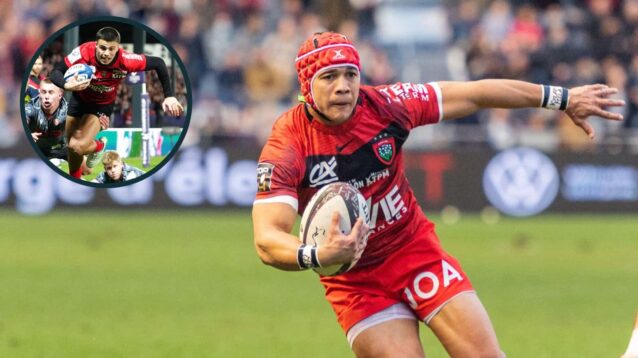 Cheslin Kolbe playing for RC Toulon and an inset of French winger Gael Drean.