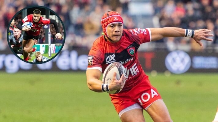 Cheslin Kolbe playing for RC Toulon and an inset of French winger Gael Drean.