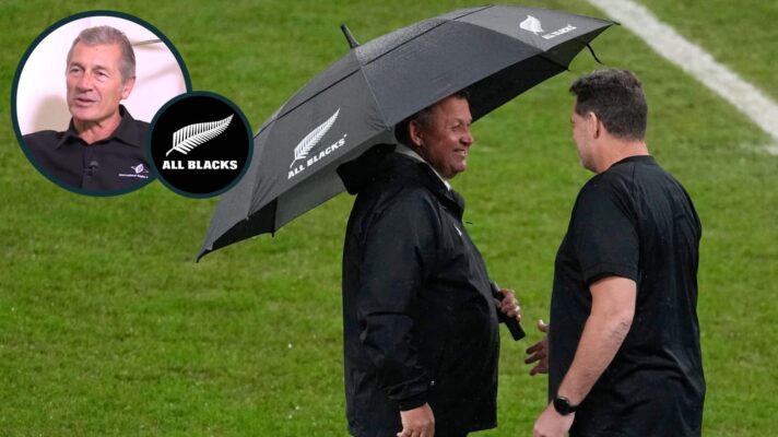 Ex-All Blacks head coach Ian Foster and Springboks boss Rassie Erasmus and an inset of Murray Mexted.