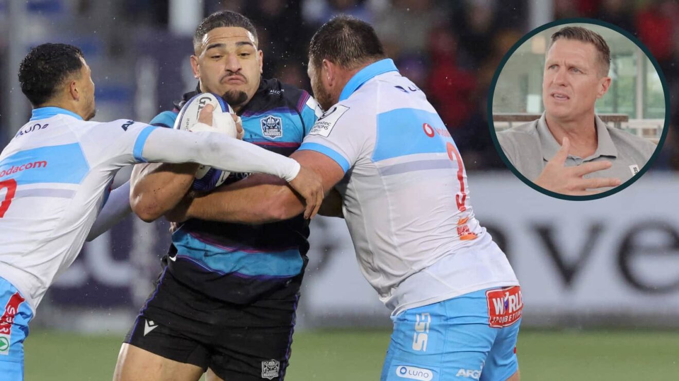 Bulls during Champions Cup defeat to Glasgow Warriors and Springboks legend Jean de Villiers (inset).