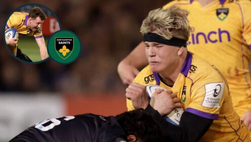 Henry Pollock and Fraser Dingwall (inset) in action for Northampton Saints against Bath.