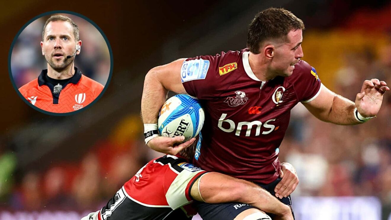 Reds taking on Crusaders in Super Rugby and Australian referee Angus Gardner (inset).