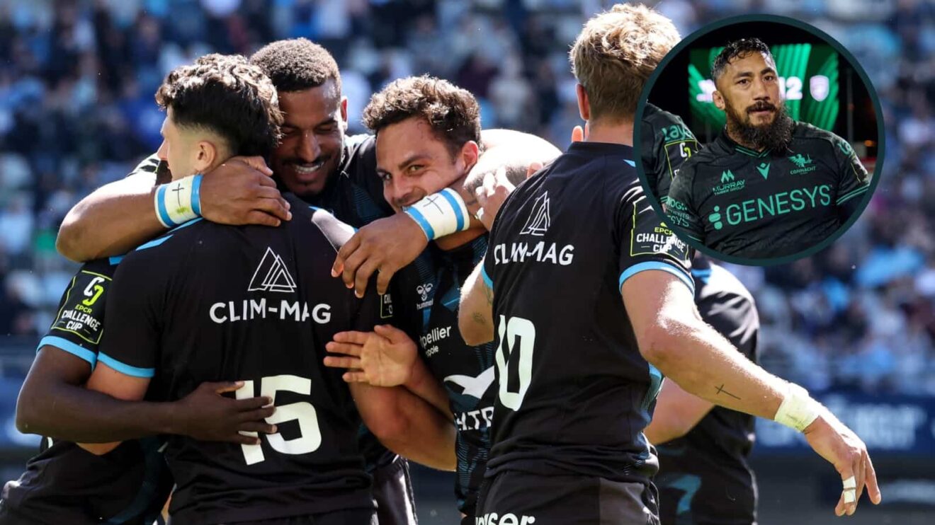 Montpellier players celebrate and an inset of Connacht's Bundee Aki.