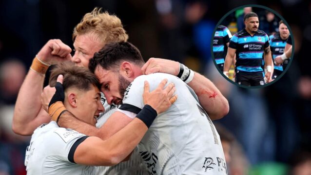 David Ribbans, Mathis Ferte and Charles Ollivon and an inset of Sione Tuipulotu. (INPHO/Ryan Byrne/EPCR)