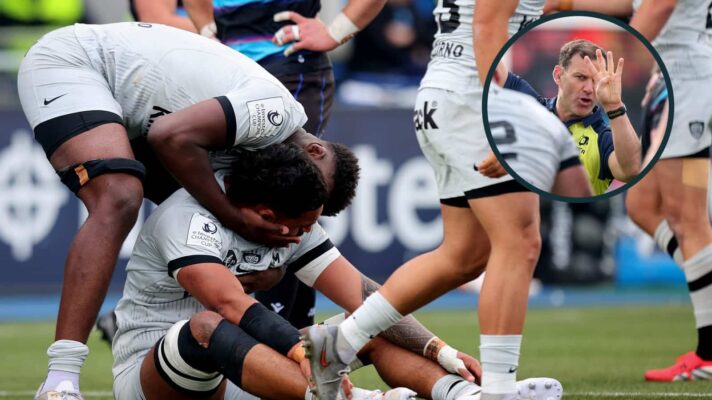 Junior Kpoku and Matthias Halagahu celebrate and an inset of referee Karl Dickson.