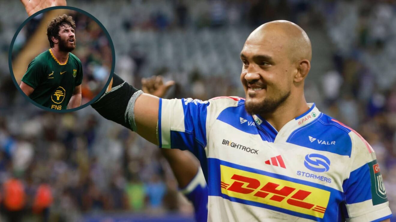 Salmaan Moerat of the Stormers and an inset of his Springboks teammate Ruan Nortje of the Bulls.