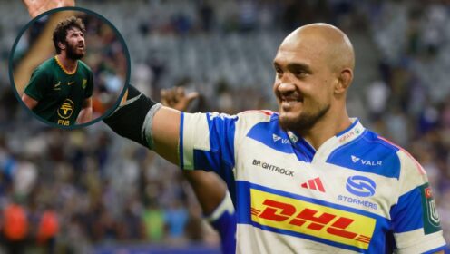 Salmaan Moerat of the Stormers and an inset of his Springboks teammate Ruan Nortje of the Bulls.