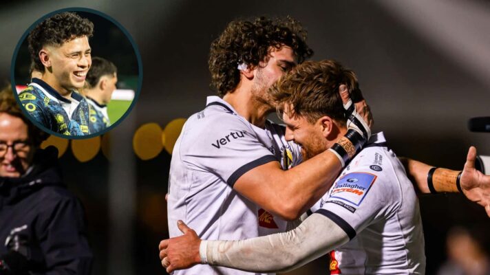 Exeter's Henry Slade celebrates and an inset of Benetton's Jacob Umaga.