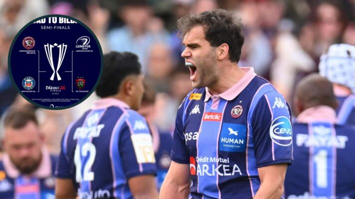 Bordeaux back Damian Penaud and an inset of the Investec Champions Cup semi-finals.