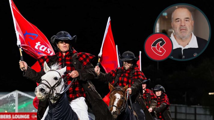 The Crusaders team riders ride around the pitch as part of the pre-game show and an inset of CEO Colin Mansbridge.