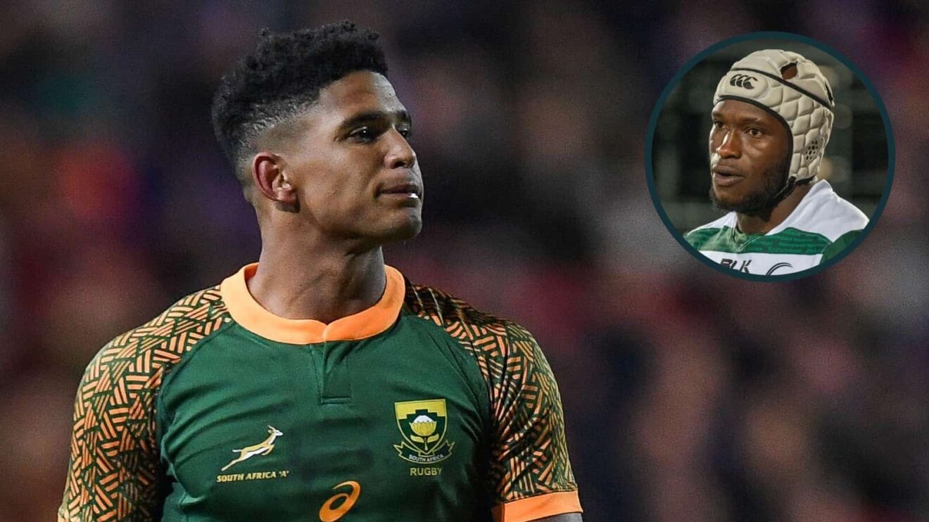Sacha Feinberg-Mngomezulu playing for South Africa A and an inset of Zimbabwe's Godwin Mangenje.