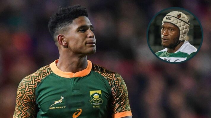 Sacha Feinberg-Mngomezulu playing for South Africa A and an inset of Zimbabwe's Godwin Mangenje.