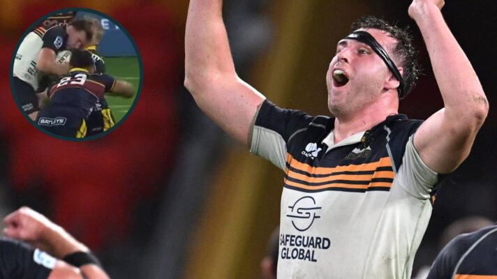 Nick Frost in action for the Brumbies and the controversial Super Rugby Pacific incident (inset).