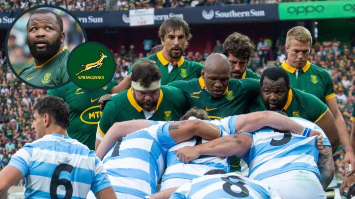 Springboks scrum v Argentina and an inset of prop Ox Nche.