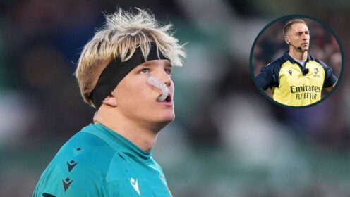 Northampton Saints star Henry Pollock and referee Andrew Brace (inset).