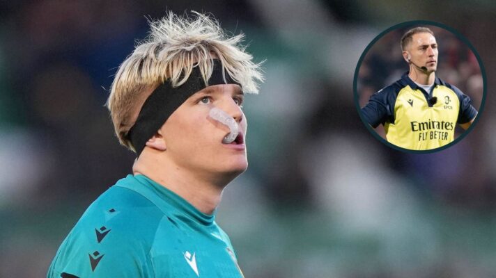 Northampton Saints star Henry Pollock and referee Andrew Brace (inset).