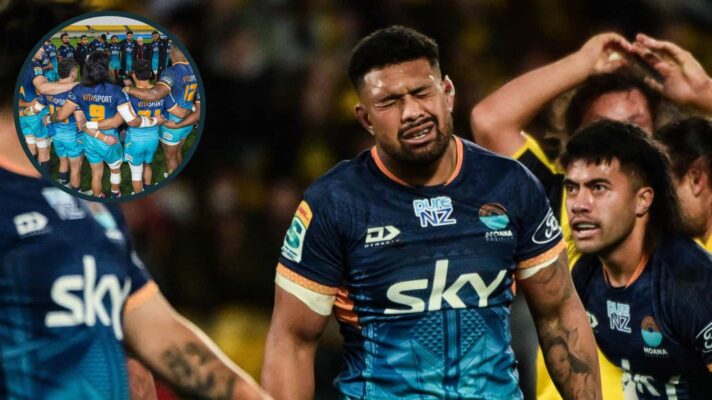 Ardie Savea of Moana Pasifika and an inset of the team embracing in a huddle.