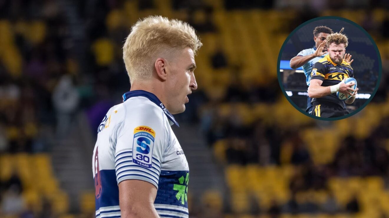 Auckland Blues and All Blacks playmaker Beauden Barrett and an inset of Warner Dearns of the Hurricanes.