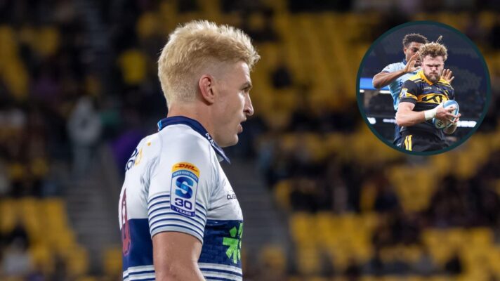 Auckland Blues and All Blacks playmaker Beauden Barrett and an inset of Warner Dearns of the Hurricanes.