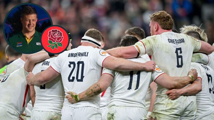 A two layered image of Bob Skinstad and England players