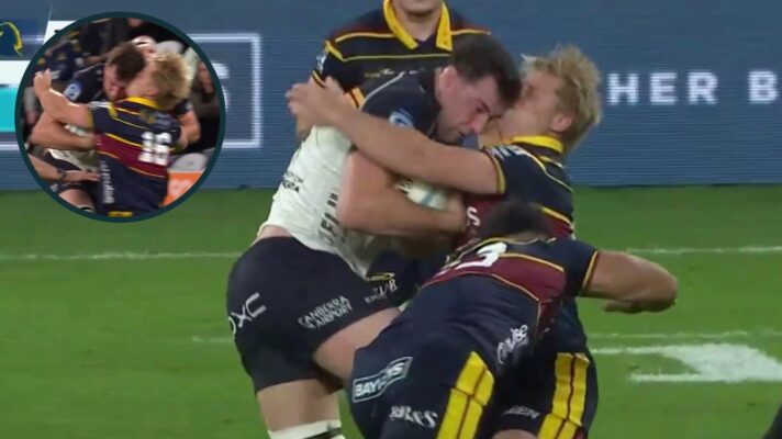 Brumbies' lock Nick Frost collison with Highlanders hooker Henry Bell.