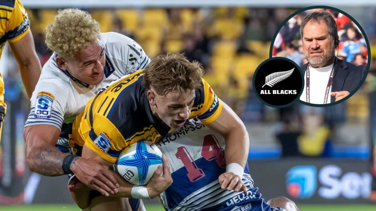 Hurricanes taking on Blues in Super Rugby Pacific and new All Blacks head coach Dave Rennie (inset).