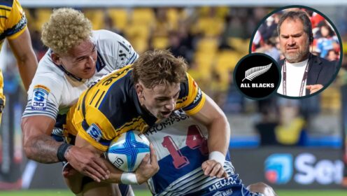 Hurricanes taking on Blues in Super Rugby Pacific and new All Blacks head coach Dave Rennie (inset).