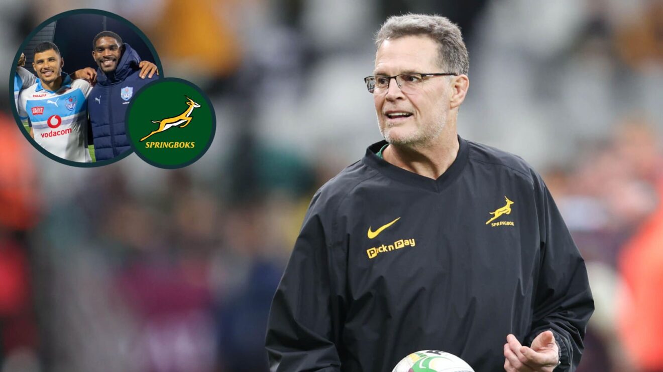 Springboks head coach Rassie Erasmus and an inset of Bulls stars Cheswill Jooste and Embrose Papier.