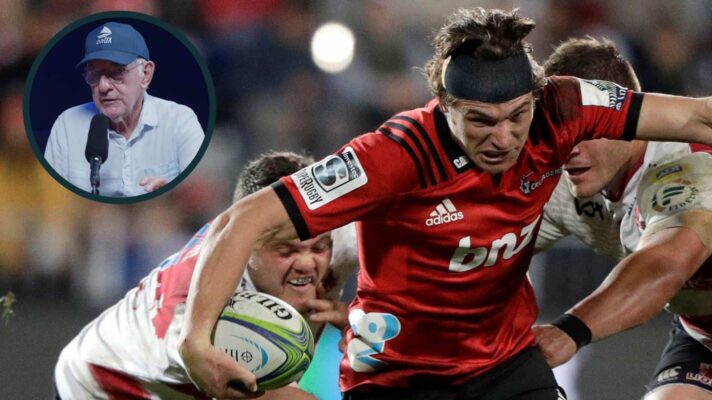 Lions taking on Crusaders in 2018 Super Rugby final and ex-NZ Rugby chair Brent Impey (inset).