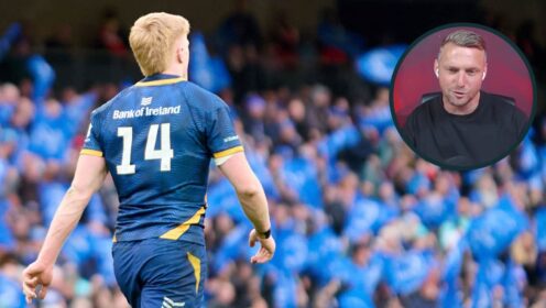 Tommy O'Brien during Leinster's Champions Cup quarter-final at the Aviva Stadium and former Lions fly-half Dan Biggar (inset).
