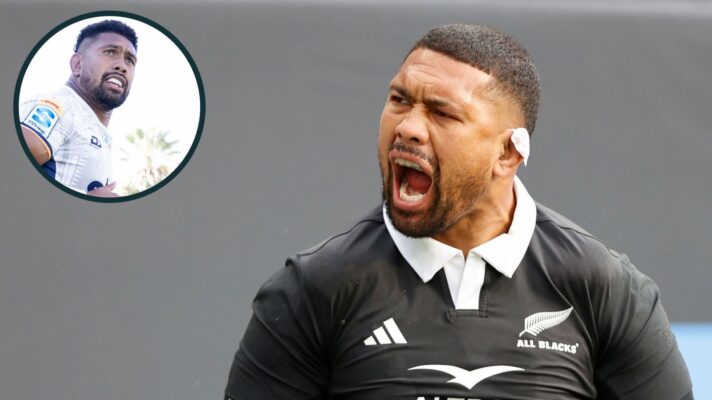 Ardie Savea in action for the All Blacks and Moana Pasifika (inset) in 2025.