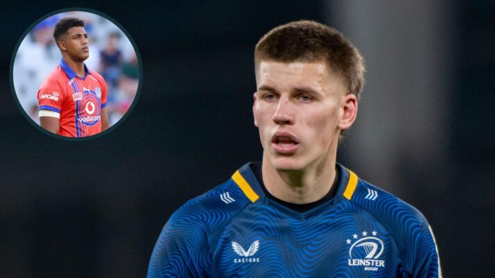 Leinster's Sam Prendergast and an inset of Bulls' back Canan Moodie.